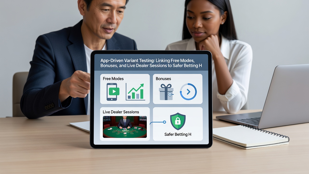 Live dealer session on mobile app with overlaid testing metrics and bonus indicators