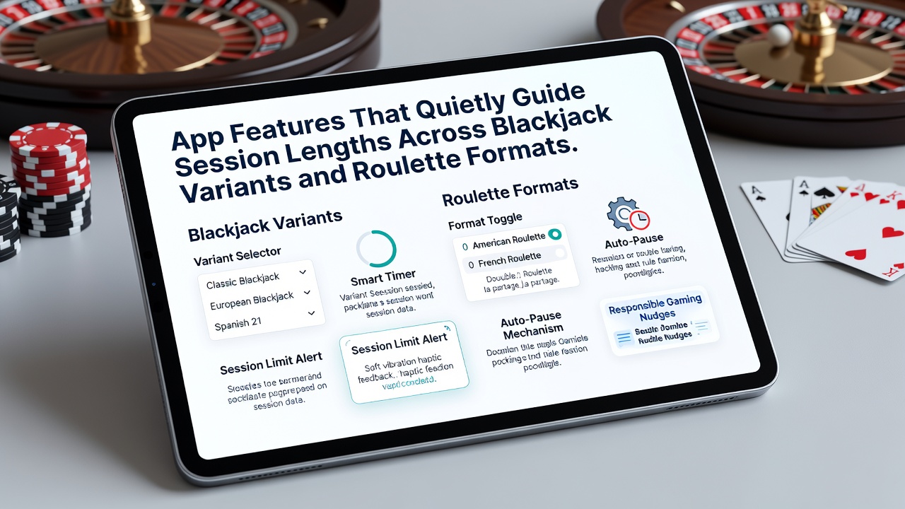 Mobile app interface showing blackjack and roulette game options with session tracking elements