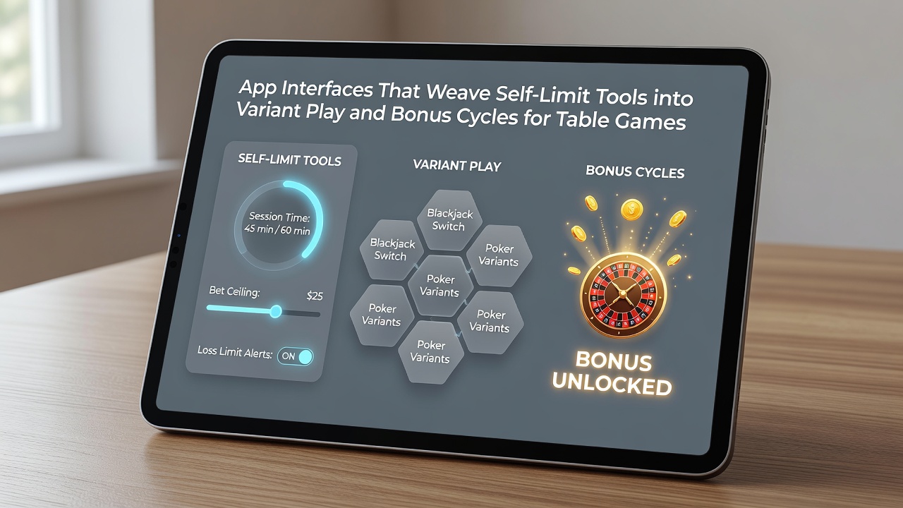Mobile app interface showing self-limit tools integrated with table game variants and bonus indicators