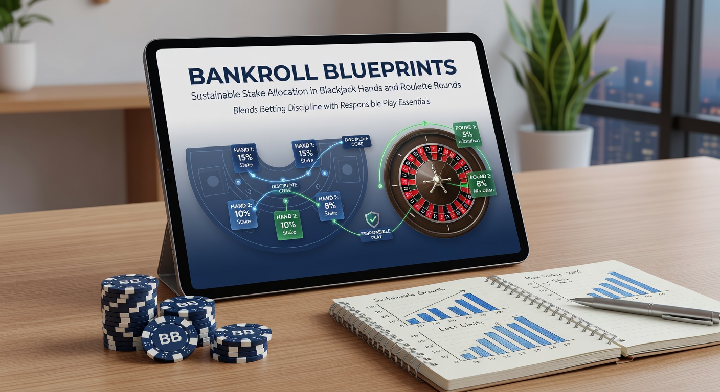 A conceptual illustration showing stacked chips divided into structured bankroll segments beside blackjack cards and a roulette wheel, symbolizing organized stake allocation.