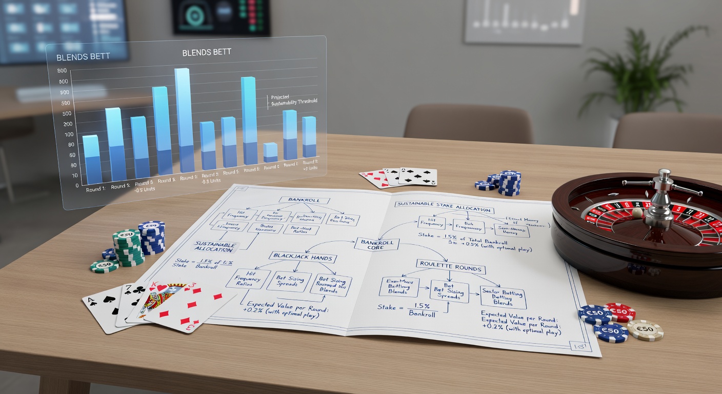 Visual breakdown of a roulette bankroll pyramid with color-coded sections for base units, session limits, and safety nets, overlaid on a spinning wheel and chip stacks.