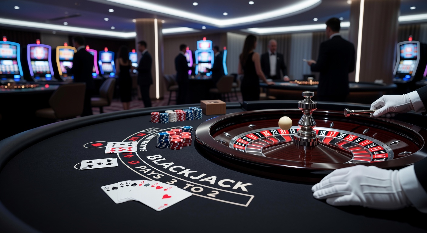 Vibrant casino floor showing blackjack tables bustling with players and a roulette wheel spinning under bright lights