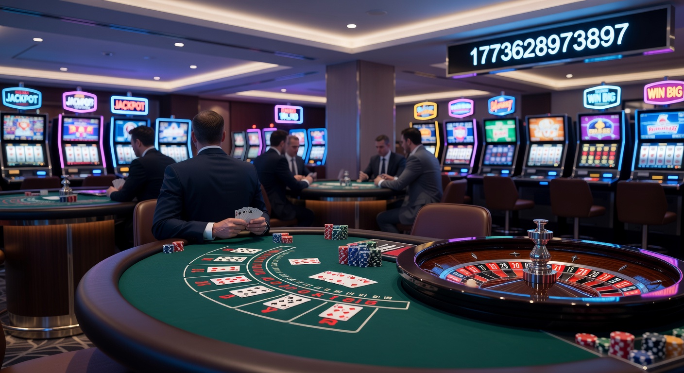Close-up of a roulette table with chips stacked on red and black, wheel blurred in motion nearby