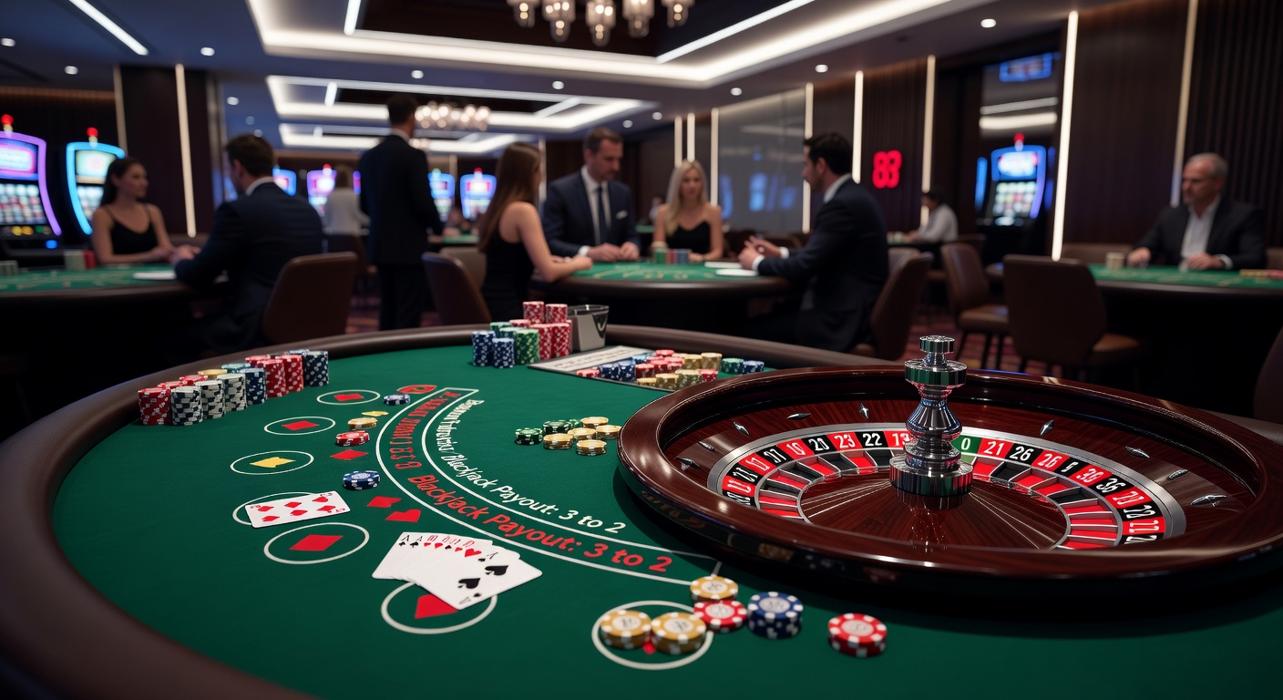 Vibrant casino floor with blackjack tables and roulette wheels in action under bright lights