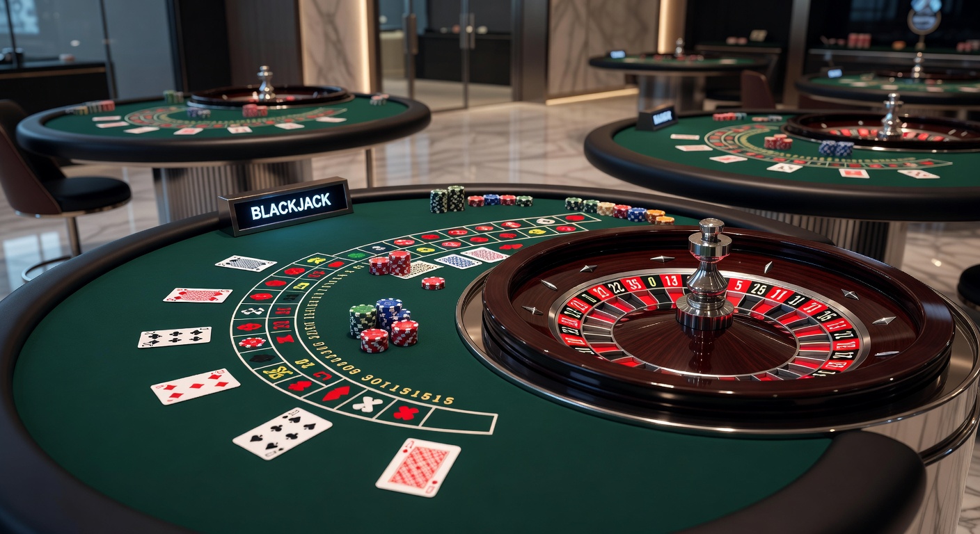 Close-up of a roulette wheel mid-spin next to a blackjack hand totaling 21, highlighting game intensity