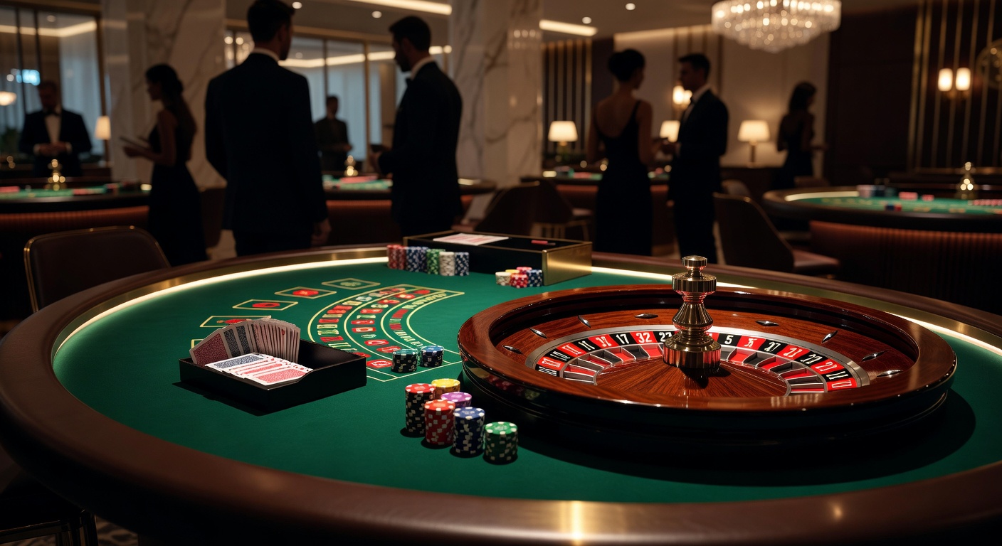 Vibrant casino floor with blackjack tables and roulette wheels under bright lights, capturing the energy of players engaged in high-stakes action