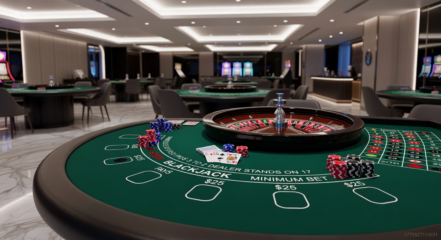 Close-up of a roulette wheel in motion with chips stacked on the layout and a blackjack hand showing 20 against dealer's ace, illustrating simultaneous casino excitement