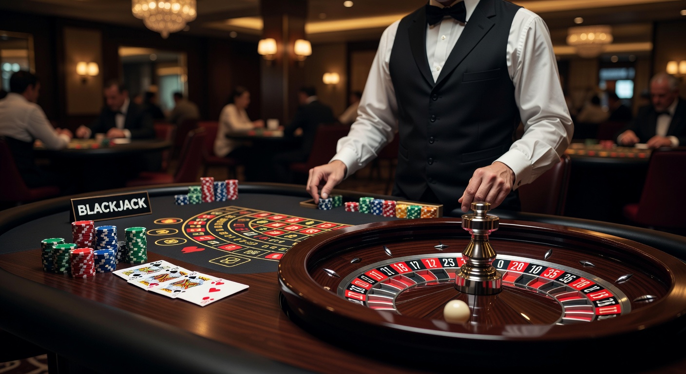 Vibrant casino scene showing blackjack table action and roulette wheel spin under bright lights