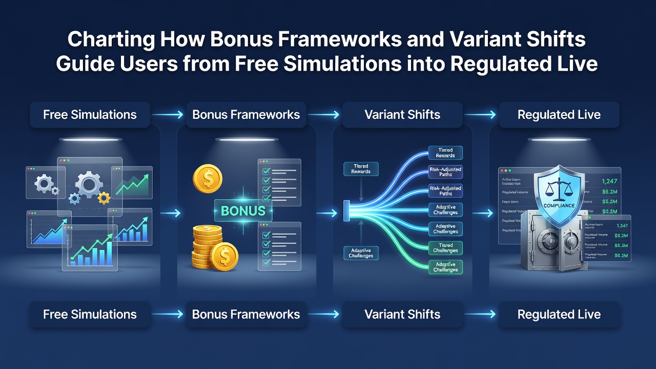 Chart displaying user progression stages from free simulations through bonus activation to live regulated sessions on mobile devices