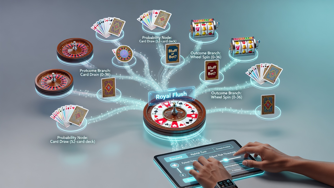 Flowchart showing decision tree branches merging card draws with wheel spin outcomes in hybrid play