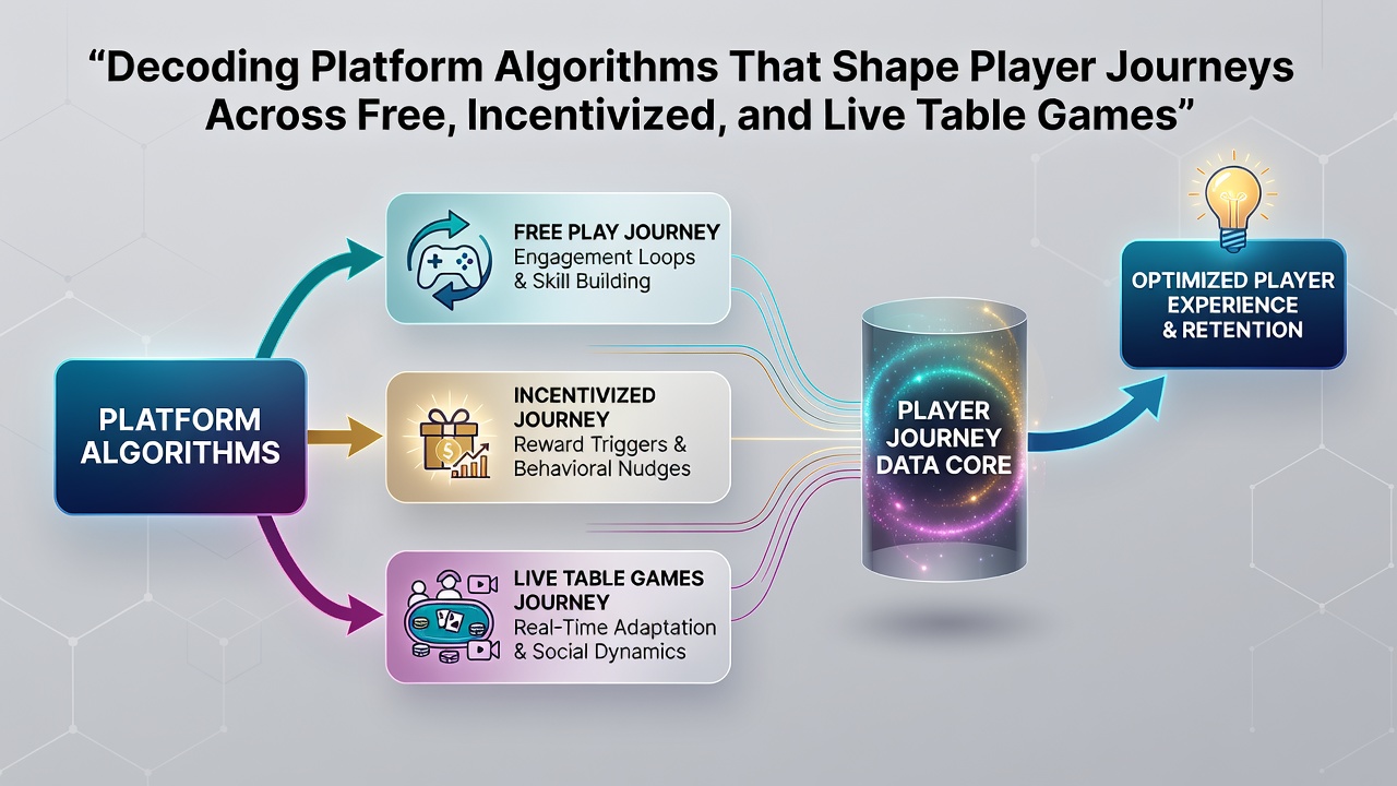Network diagram showing algorithmic connections across free, bonus, and live table game player pathways