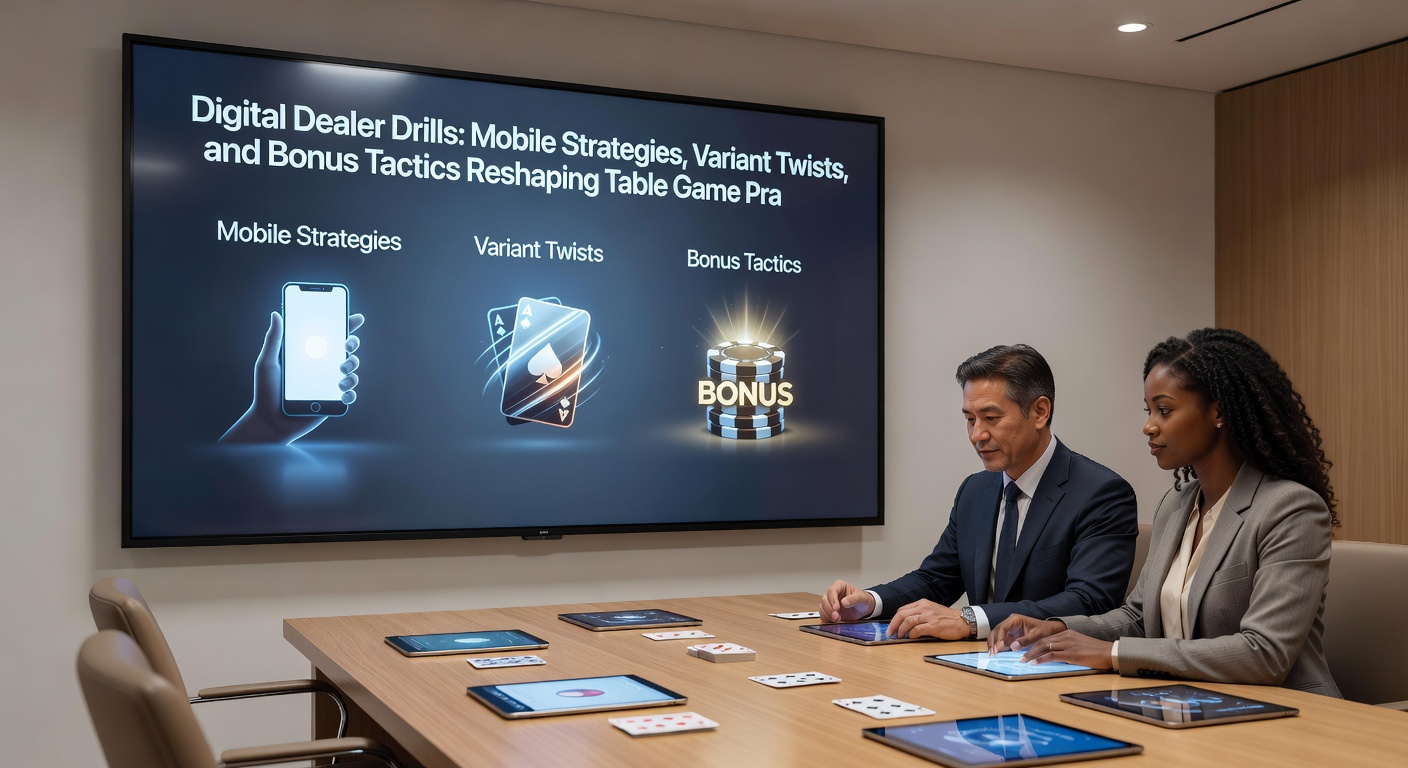 Tablet screen showing roulette variant twists with bonus tactic overlays during a digital dealer drill session