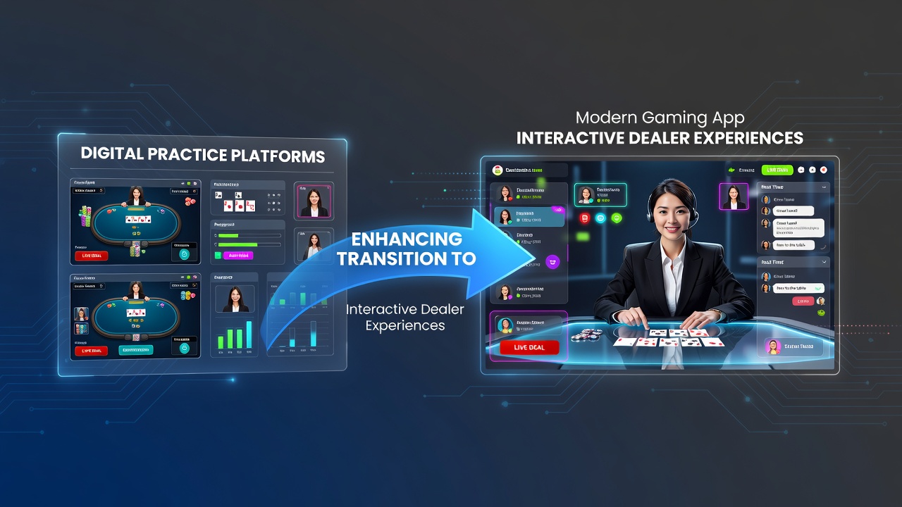 Digital practice interfaces showing transition pathways from simulation modes to live dealer tables in mobile gaming applications