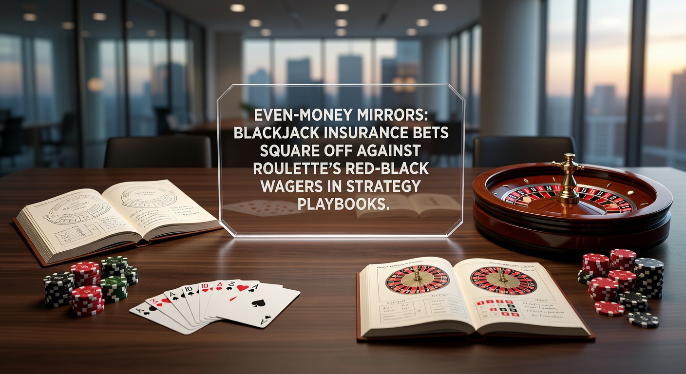 Close-up of a blackjack table showing dealer ace and insurance bet chip, next to a roulette wheel with red-black betting area highlighted