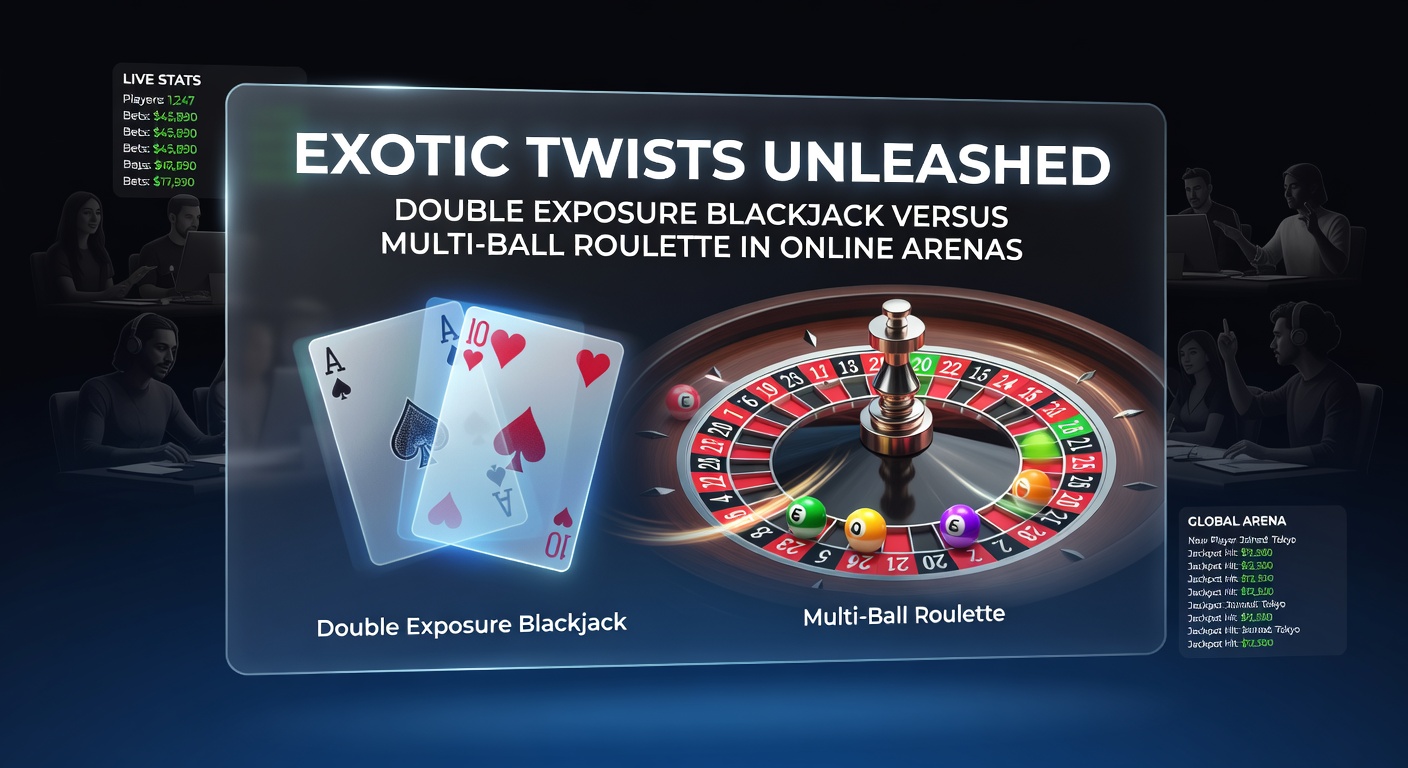 Close-up of a digital Multi-Ball Roulette wheel in motion with colorful balls scattering across numbers, contrasted by a Double Exposure Blackjack hand showing exposed dealer cards