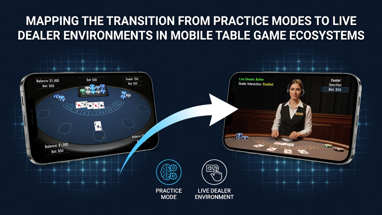 Mobile device showing practice mode interface transitioning to live dealer table view in a table game app