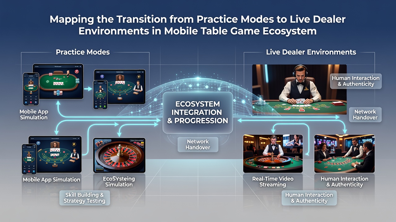 User interface comparison between free practice table and live dealer mobile screen with streaming elements