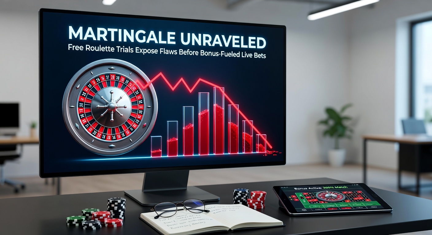 Close-up of a spinning roulette wheel with chips stacked in a Martingale progression pattern, highlighting escalating bets after losses