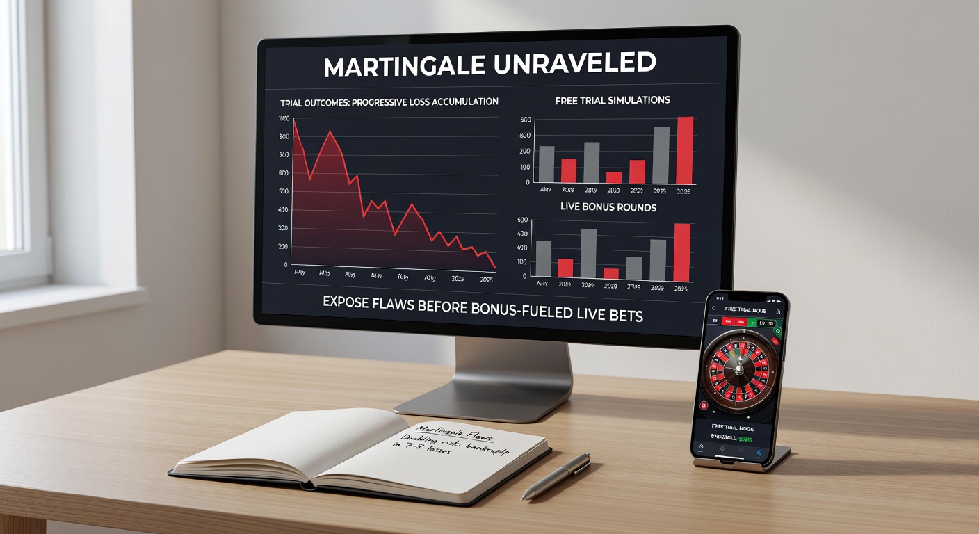 Screenshot of a free roulette demo interface displaying a long losing streak in Martingale betting, with bankroll plummeting amid red and black bets