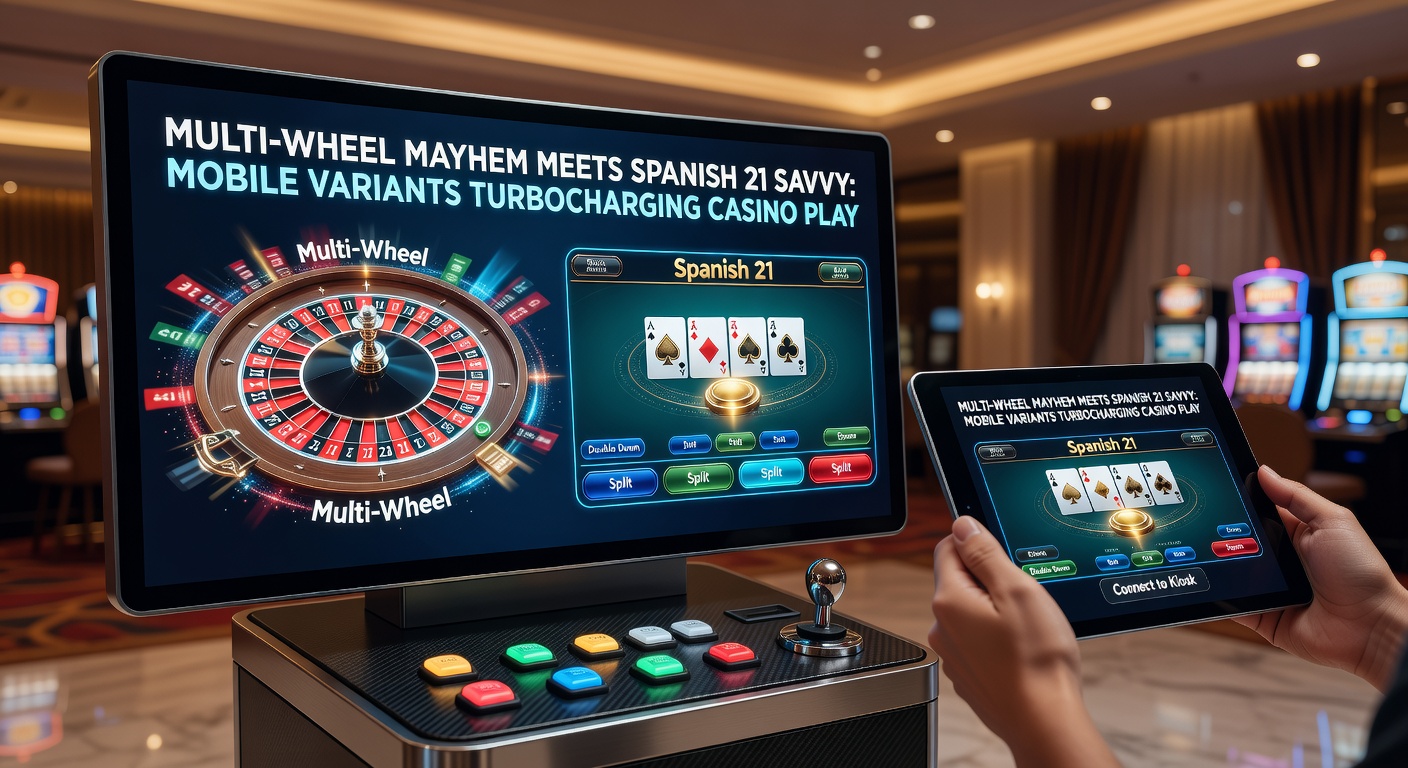 Close-up of Spanish 21 mobile game interface showing bonus payouts, card deck without 10s, and vibrant dealer animation on a smartphone screen