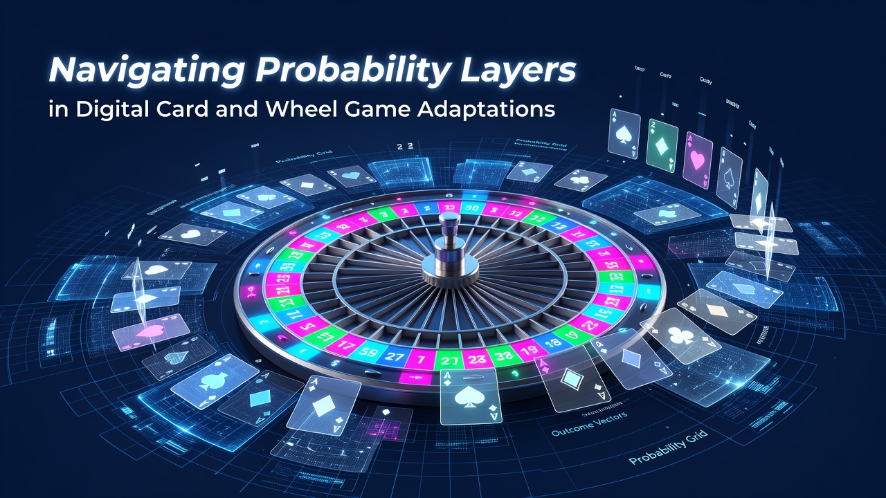 Digital interface showing layered probability mechanics in card and wheel game adaptations