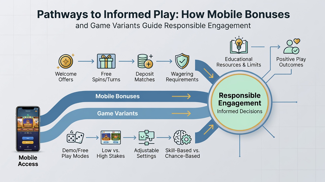 Illustration of responsible gambling dashboard on mobile showing bonus tracking and variant comparisons
