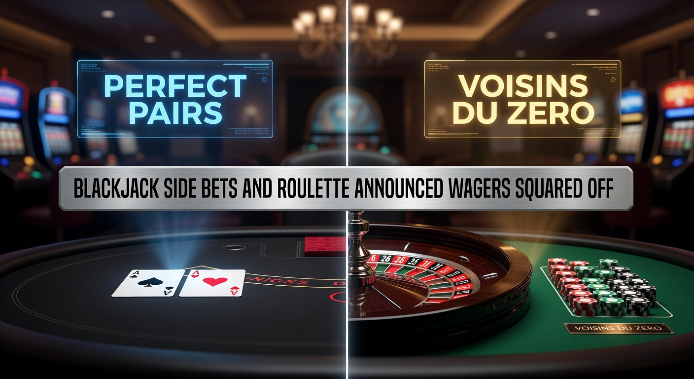 Blackjack table featuring Perfect Pairs side bet alongside a roulette wheel highlighting Voisins du Zéro sector