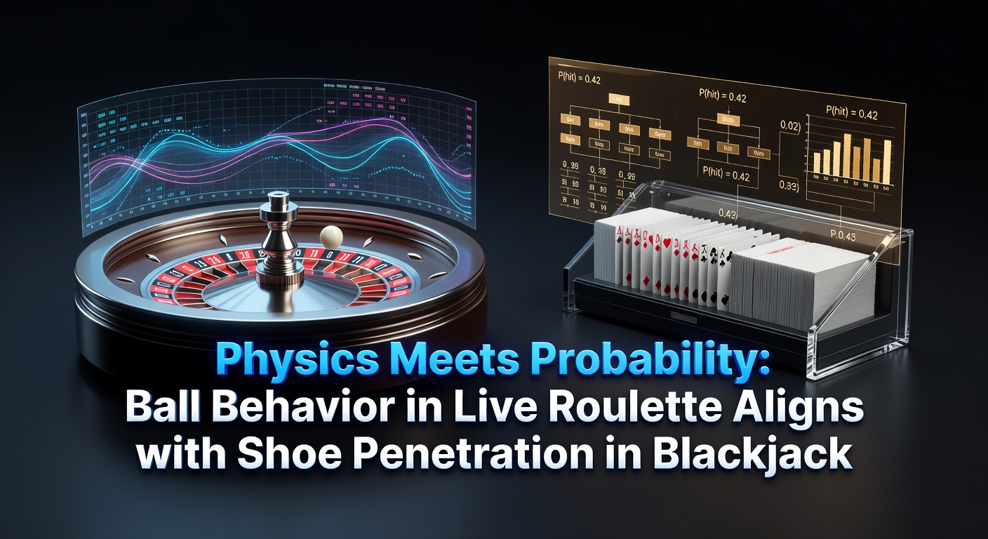 Close-up of a roulette wheel in motion with a bouncing ball alongside a blackjack shoe revealing dealt cards, illustrating physical and probabilistic elements
