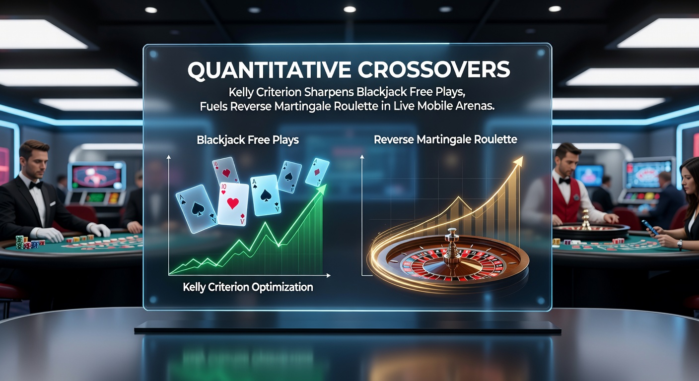 Digital visualization of Kelly Criterion calculations overlaying a blackjack table with roulette wheel elements in a mobile interface