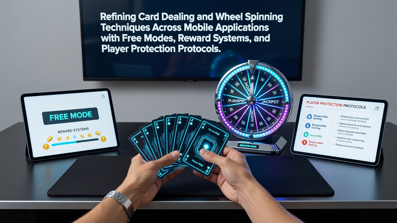 Mobile app interface showing refined card dealing mechanics alongside a digital roulette wheel in free play mode