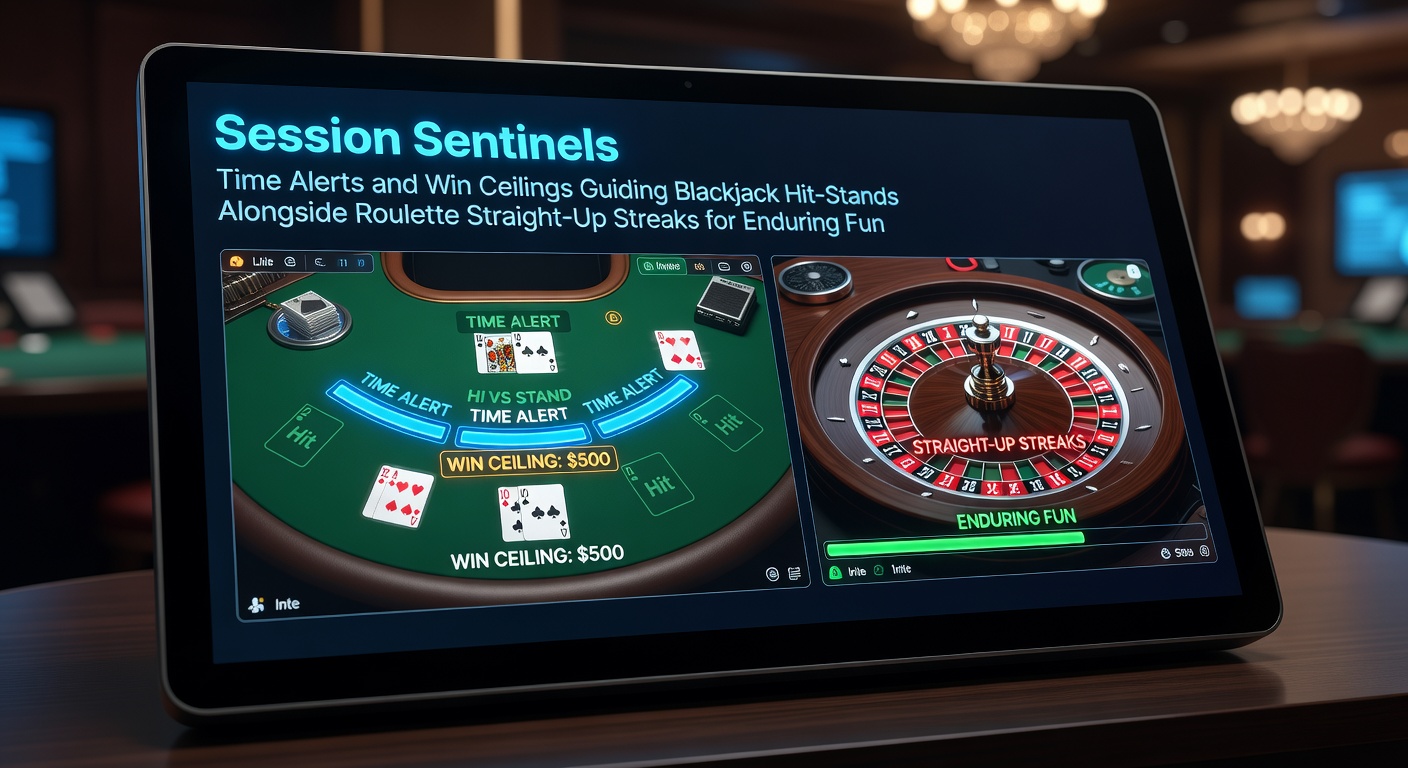 Casino table with blackjack cards and roulette wheel highlighting session management tools like timers and chip stacks