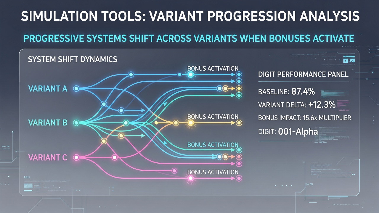 Detailed charts from simulation runs comparing progressive system performance before and after bonus features engage