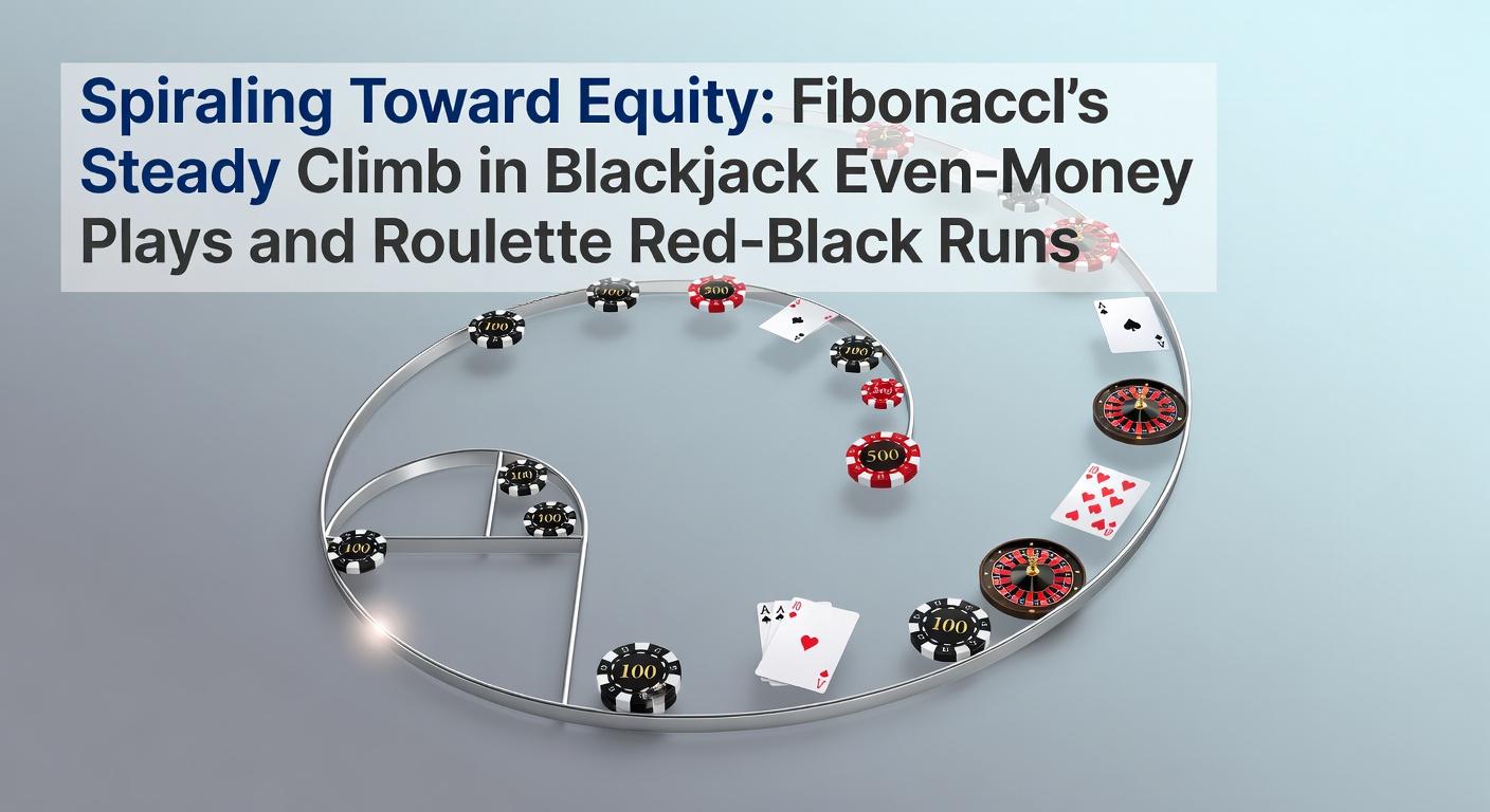 Visual representation of the Fibonacci sequence forming a spiral with casino chips stacked in patterns mimicking roulette wheels and blackjack tables