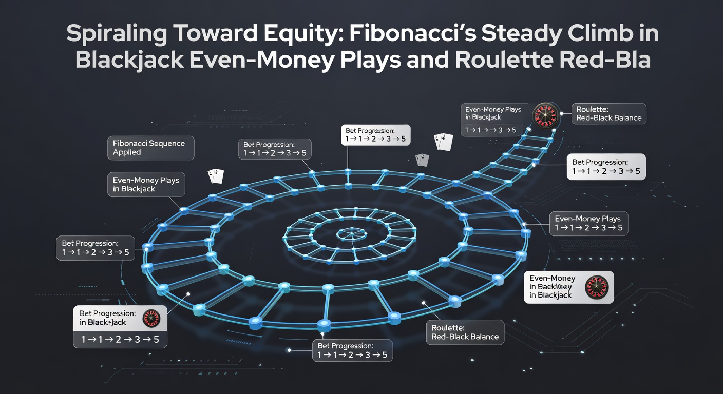 Close-up of blackjack table showing even-money payout option with Fibonacci bet progression chart overlaid on cards and chips