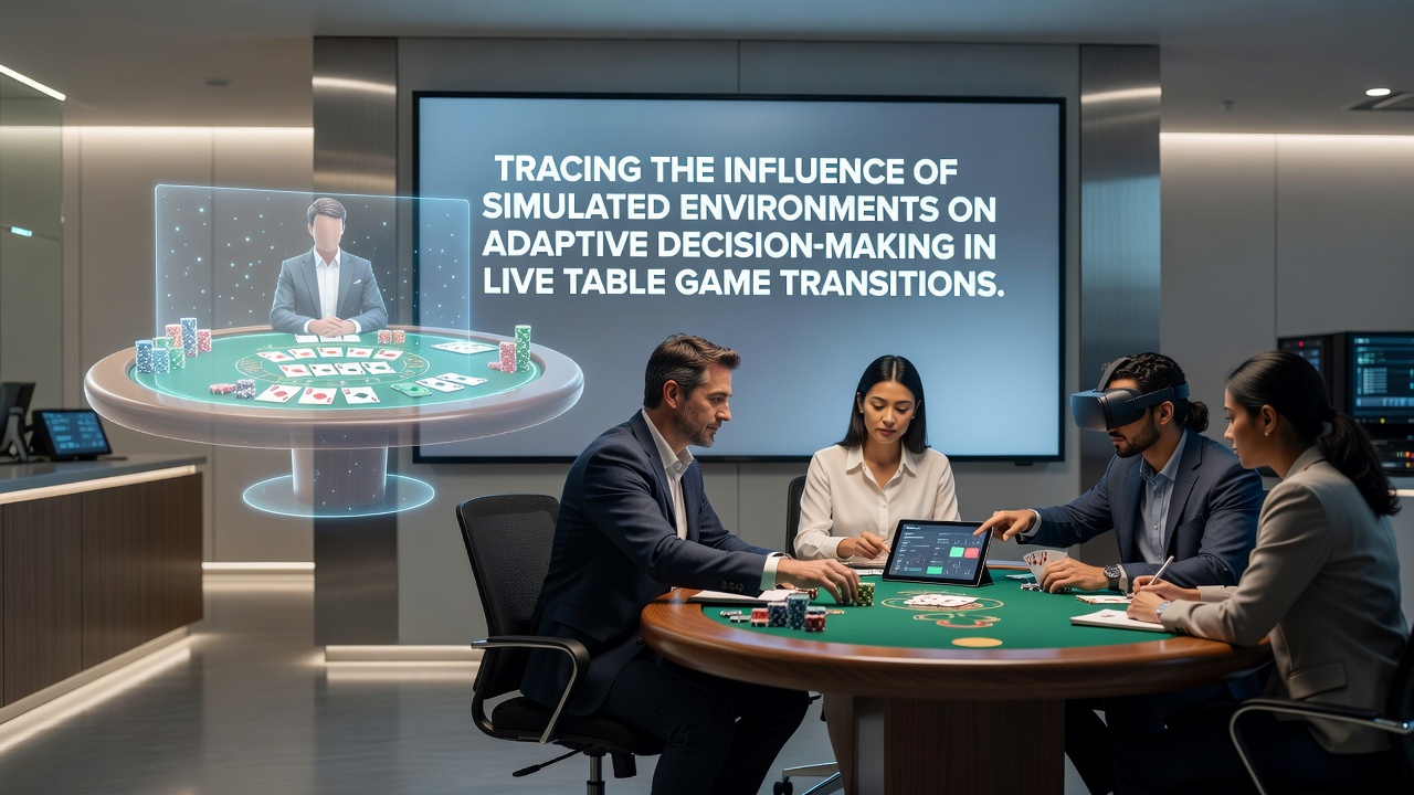 Illustration of simulated casino environments transitioning to live table games with decision pathways