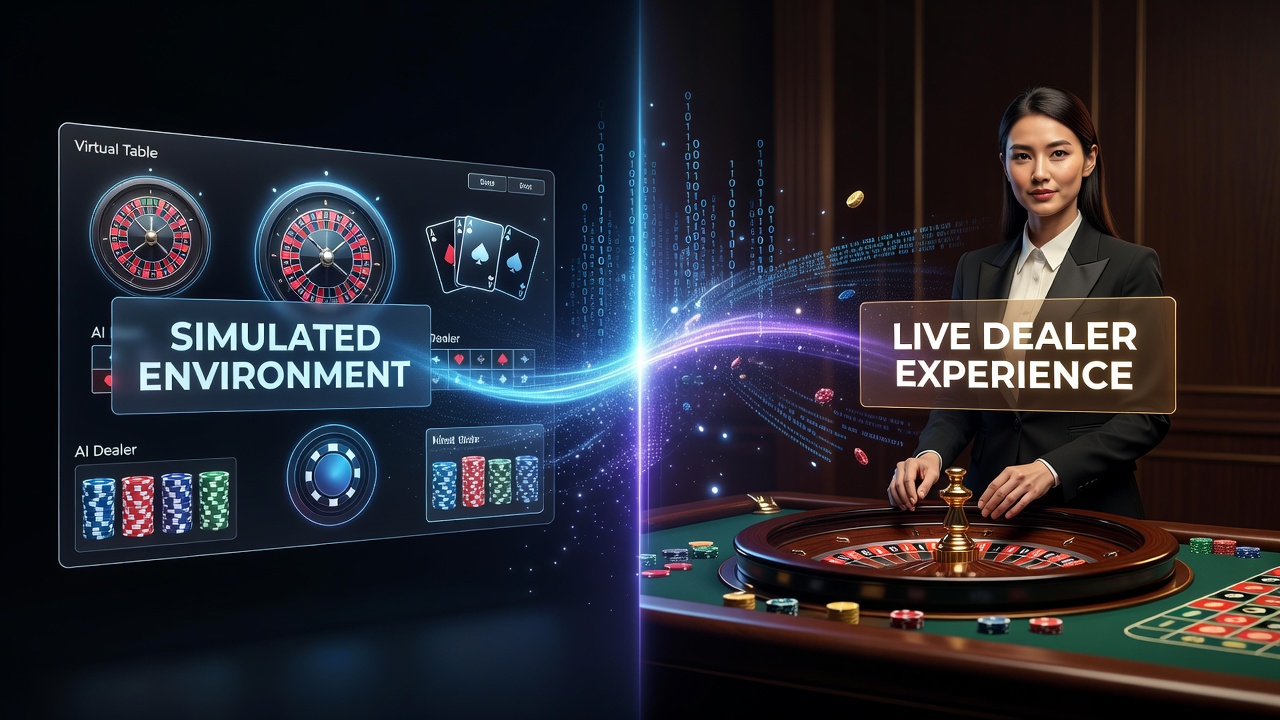 Modern casino app interface showing seamless transition from demo mode to live dealer table