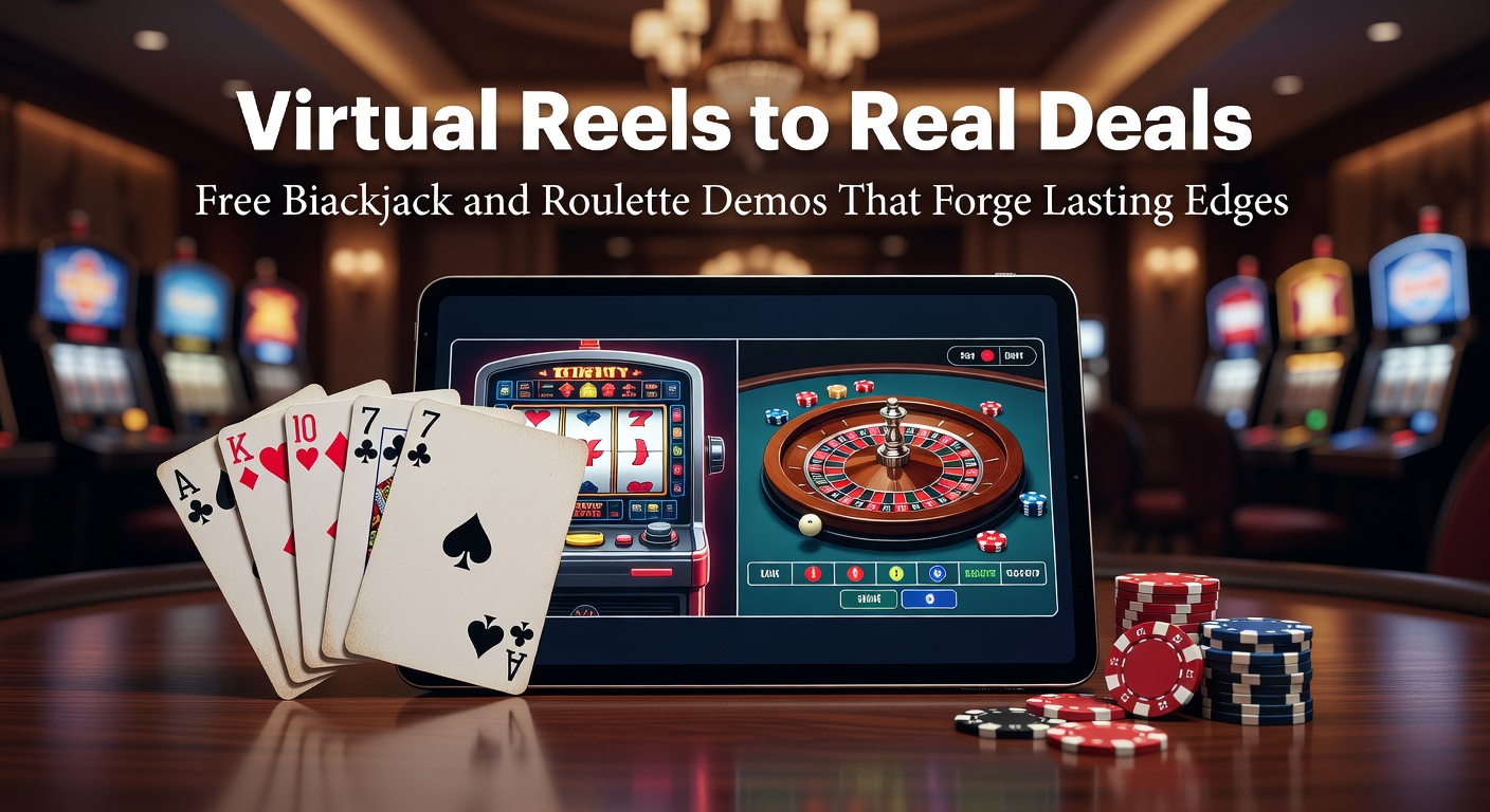 Screenshot of a vibrant online blackjack demo interface showing cards, chips, and strategy options on a sleek digital table